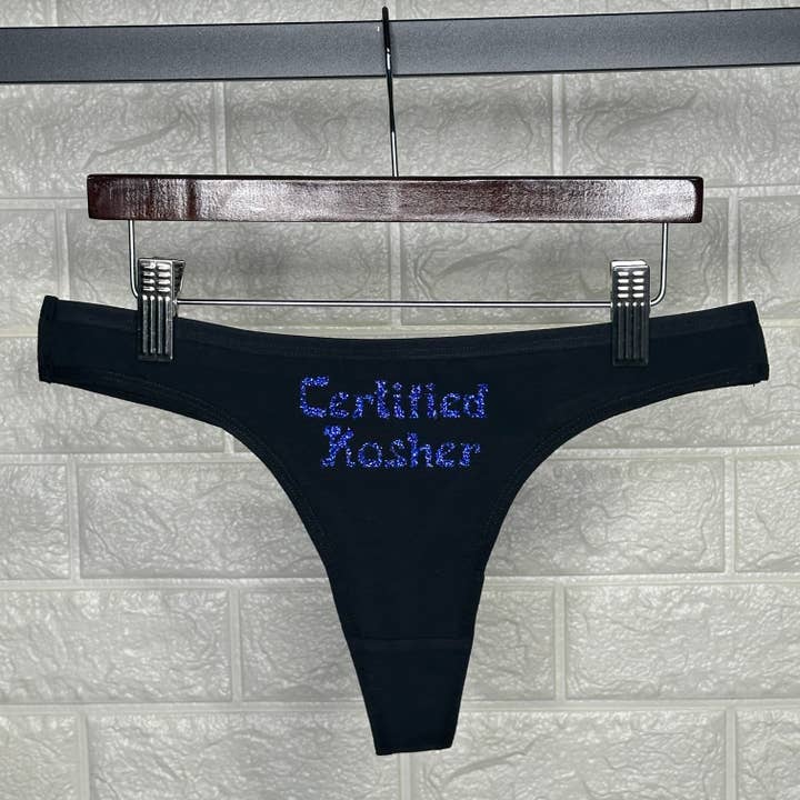 Certified Kosher Cotton Thong with White Glitter Letters for wholesale by Bound Kitten