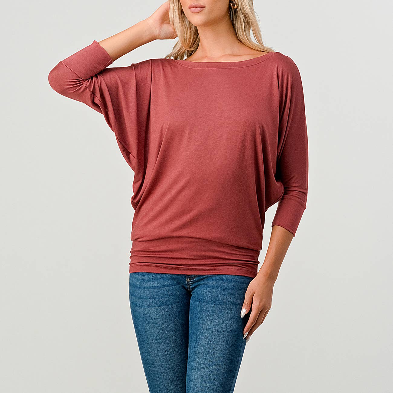 Heimious - Wholesale Knit Top - Women's - 3/4 Dolman Sleeve Round neck Modal Jersey  Top, 250323