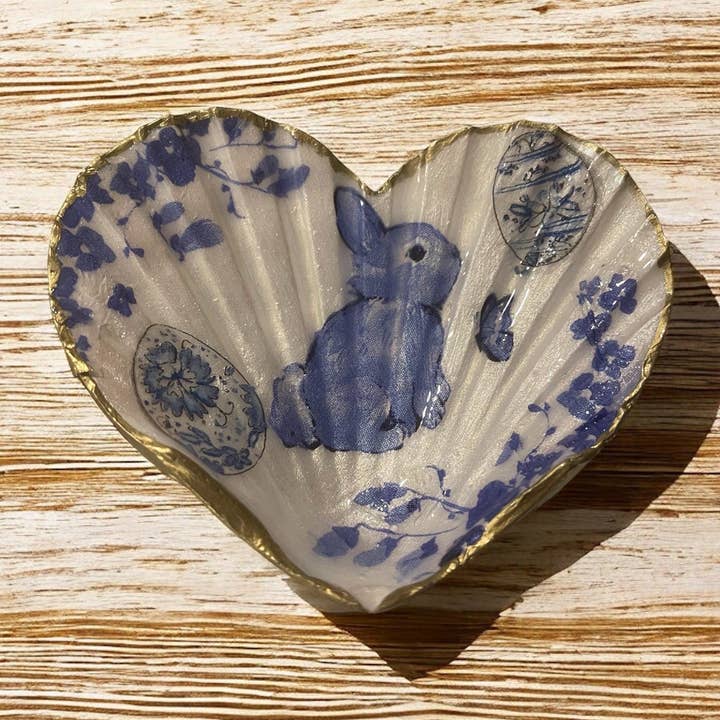 Bunny Decoupage Seashell Ring Dish: Blue Floral, Gold Rim for wholesale by CC Shells Gifts LLC