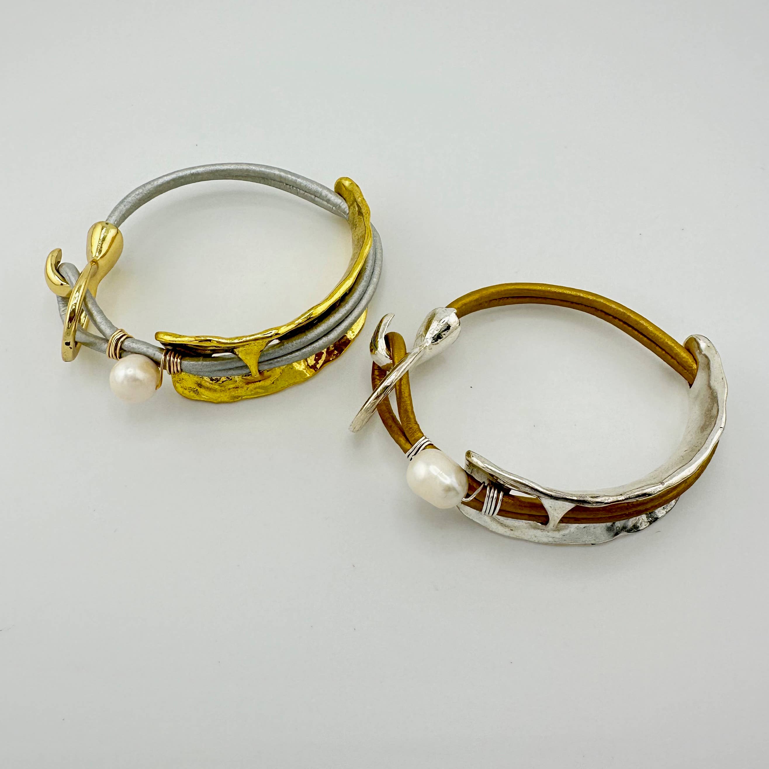 Beauty In Stone Jewelry - Wholesale Bangle Bracelet - Curved Cuff Bracelet With Leather & Pearl 2