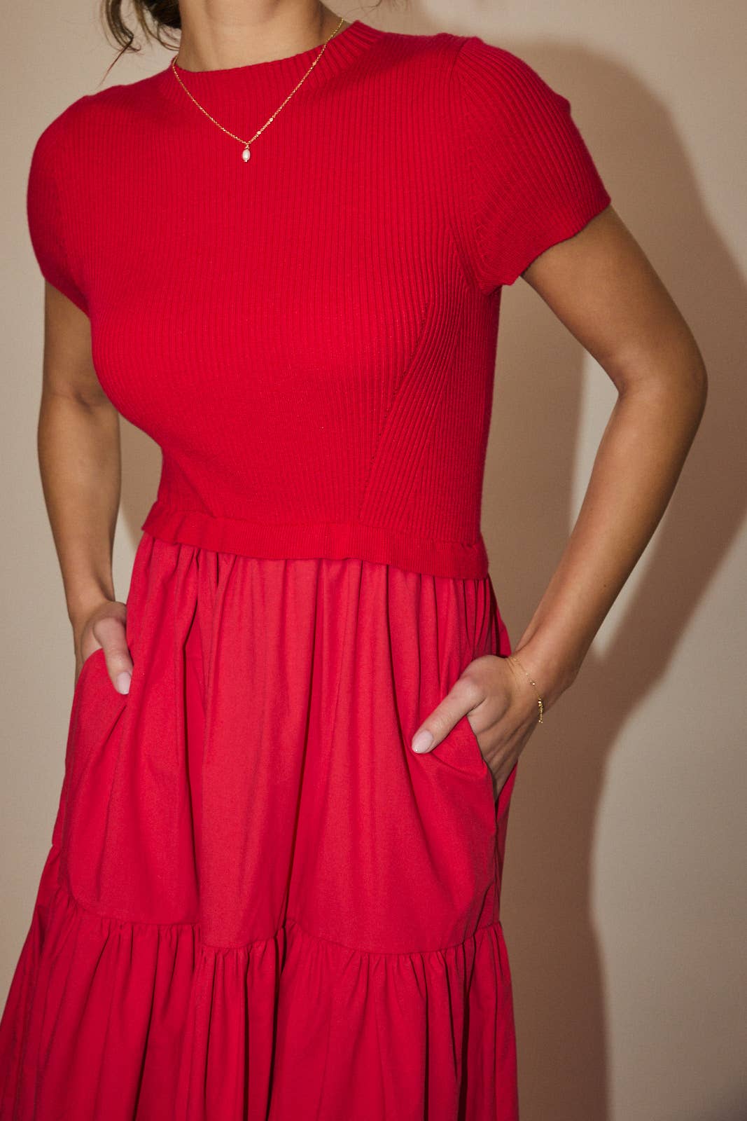 Sunday Edition by LE LIS - Wholesale Dress - Women's - MOCK NECK SHORT SLEEVE KNIT & WOVEN MIX TIERED MIDI DRESS3