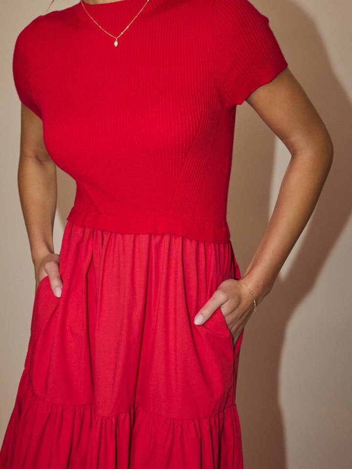 Sunday Edition by LE LIS - Wholesale Dress - Women's - MOCK NECK SHORT SLEEVE KNIT & WOVEN MIX TIERED MIDI DRESS3