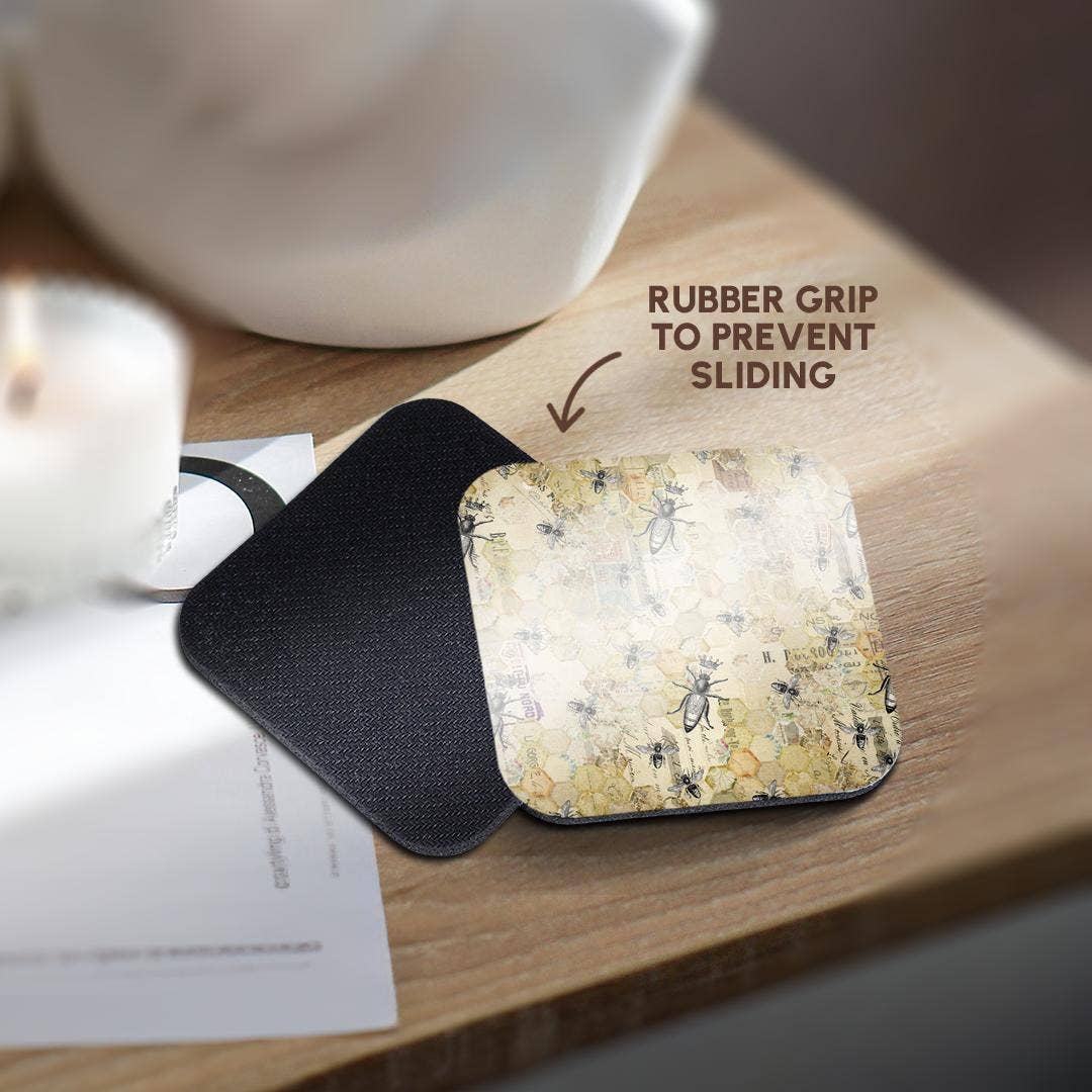 3dRose - Wholesale Coasters - 3dRose, Black, Green, Yellow Honeycomb, Bees, Crowns and Script Collage, Coaster10