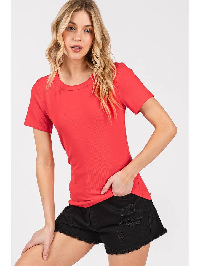 GERIBBELD RONDE HALS KORTE MOUWEN KLASSIEK BASIS T-SHIRT voor wholesale door mittoshop