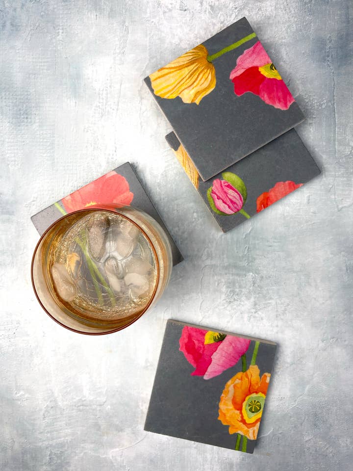 Coaster Set: Mixed Poppies on Grey for wholesale by India & Purry by Jessica Hollander
