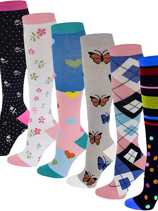 Compression Knee High Socks | Cotton Graduated Colorful | Women (6 Pairs) for wholesale by Different Touch