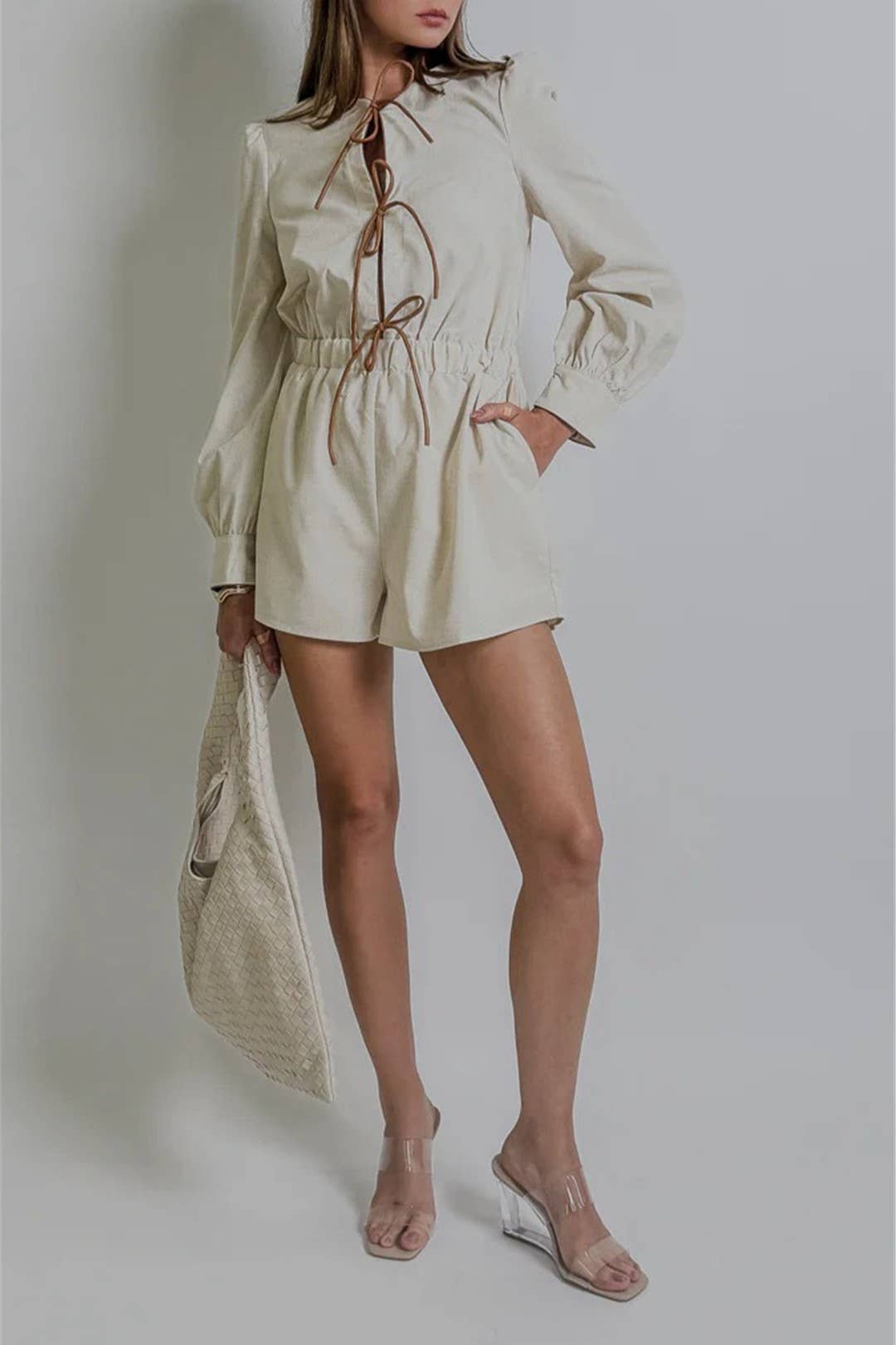 Rosa Clothing - Wholesale Romper - Women's - contrast bow tie front closure long sleeve romper7