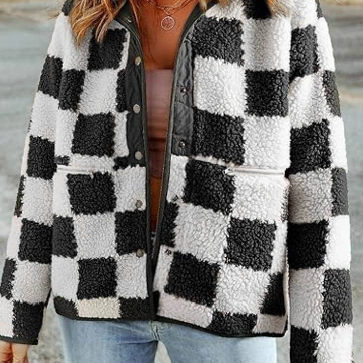 Rosa Clothing - Wholesale Jacket - Women's - Checkered fleece snap buttoned relaxed jacket13