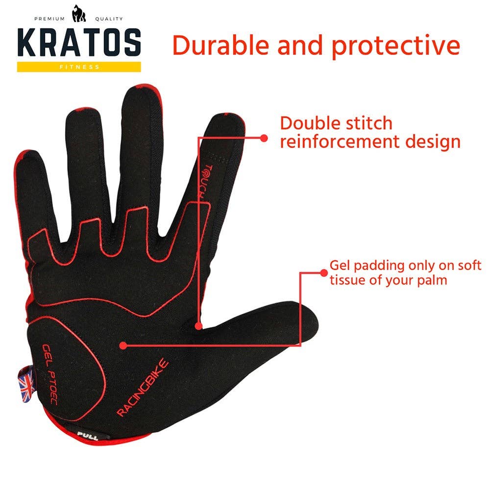 Kratos - Wholesale Gloves - Unisex - Mountain Biking Gloves | Full Finger Padded Cycling Gloves - RED2