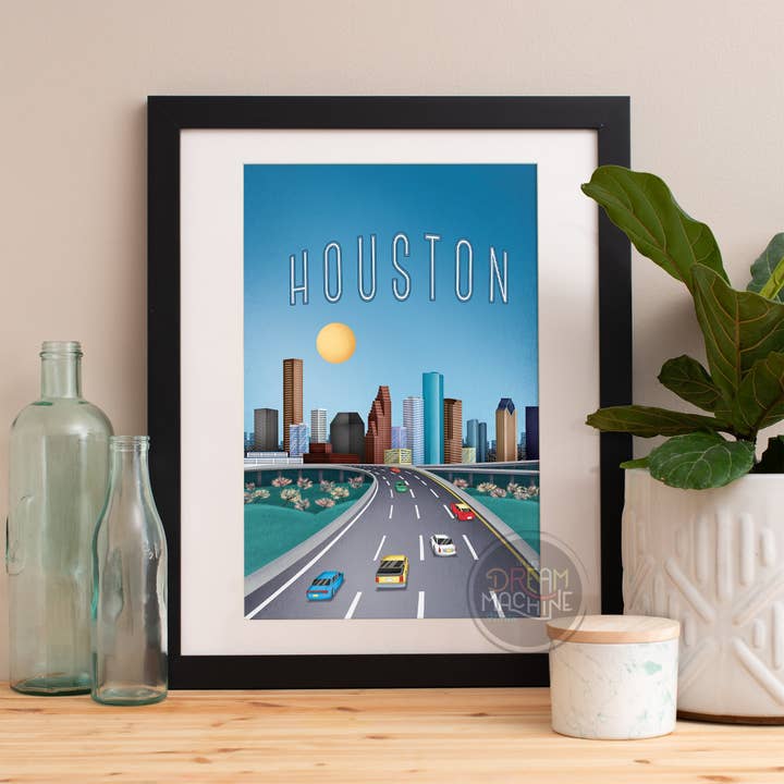 Impression de Houston, horizon de Houston, art de Houston, affiche de Houston, aquarelle de Houston, art de Houston, carte de Houston, art mural de Houston, voyage artistique texan43 pour la vente par DreamMachine Prints