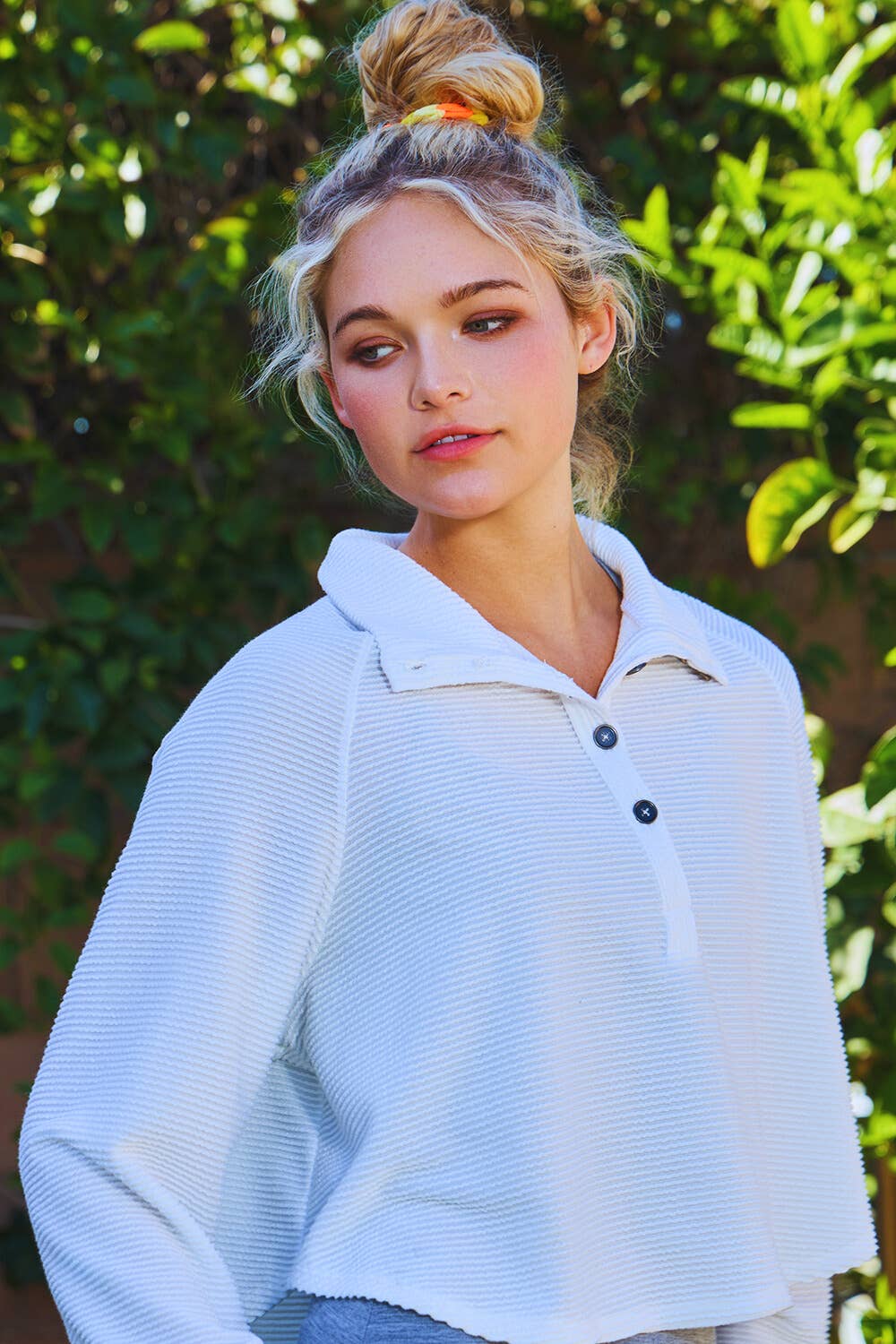 BUCKETLIST INC - Wholesale Knit Top - Women's - T2597 Textured Solid Button Closure High Neck Top8