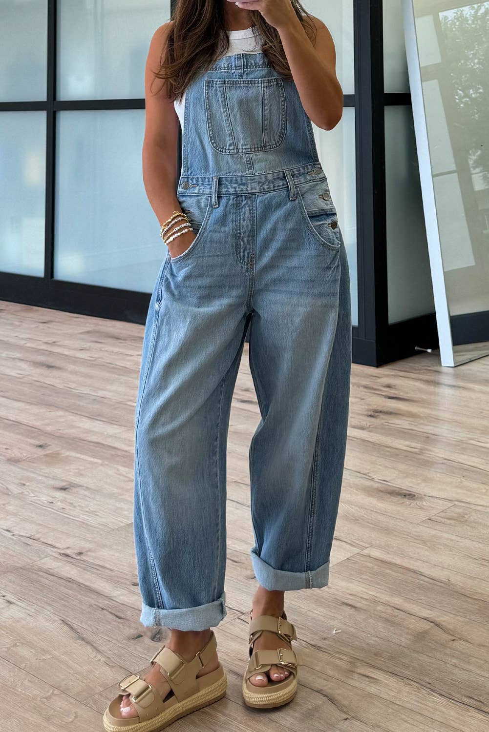 Dusk Blue Adjustable Buckle Barrel Denim Overalls for wholesale on Faire