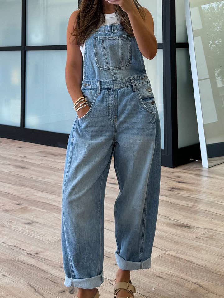 Dusk Blue Adjustable Buckle Barrel Denim Overalls for wholesale on Faire0