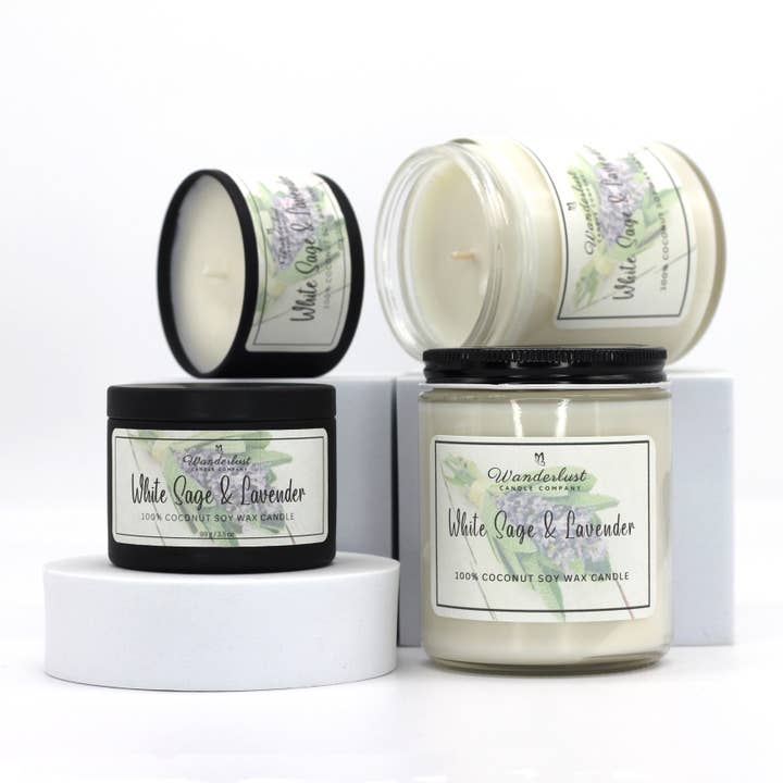 White Sage & Lavender Scented Soy Candle for wholesale by Wanderlust Candle Company