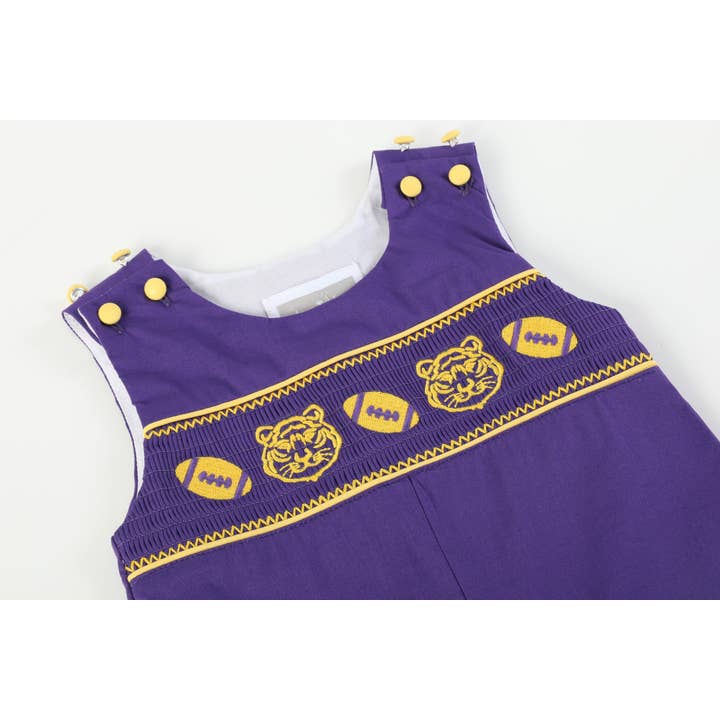 Lil Cactus – wholesale Overaller - Baby – Lila och guld fotbolls- och tigersmockade overaller
