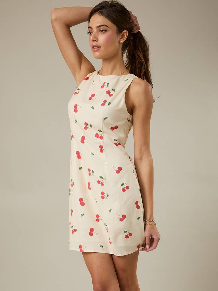 BOAT NECK SLEEVELESS CHERRY PRINTED MINI DRESS for wholesale by Sunday Edition
