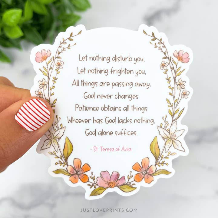St. Teresa of Avila Prayer Vinyl Sticker for wholesale by Just Love Prints - Catholic Stickers & Gifts
