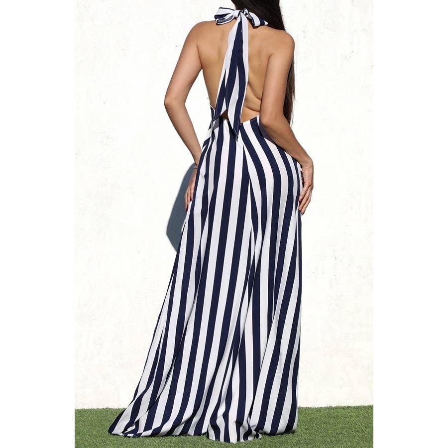 Esmeray Clothing - Wholesale Dress - Women's - Striped Halter Neck Maxi Dress with Side Pocket6