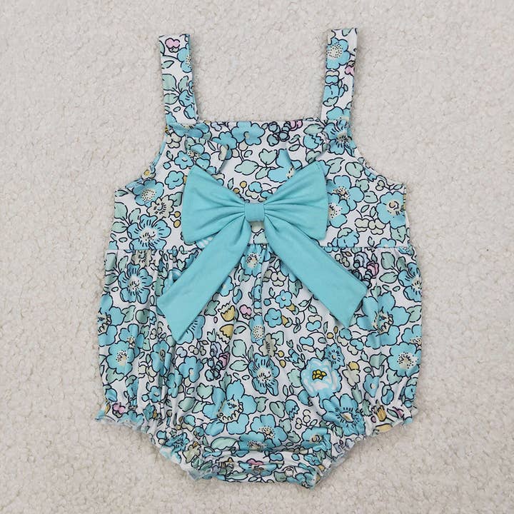Baby Infant Girls Blue Flowers Big Bow Rompers for wholesale by Aier Wholesale