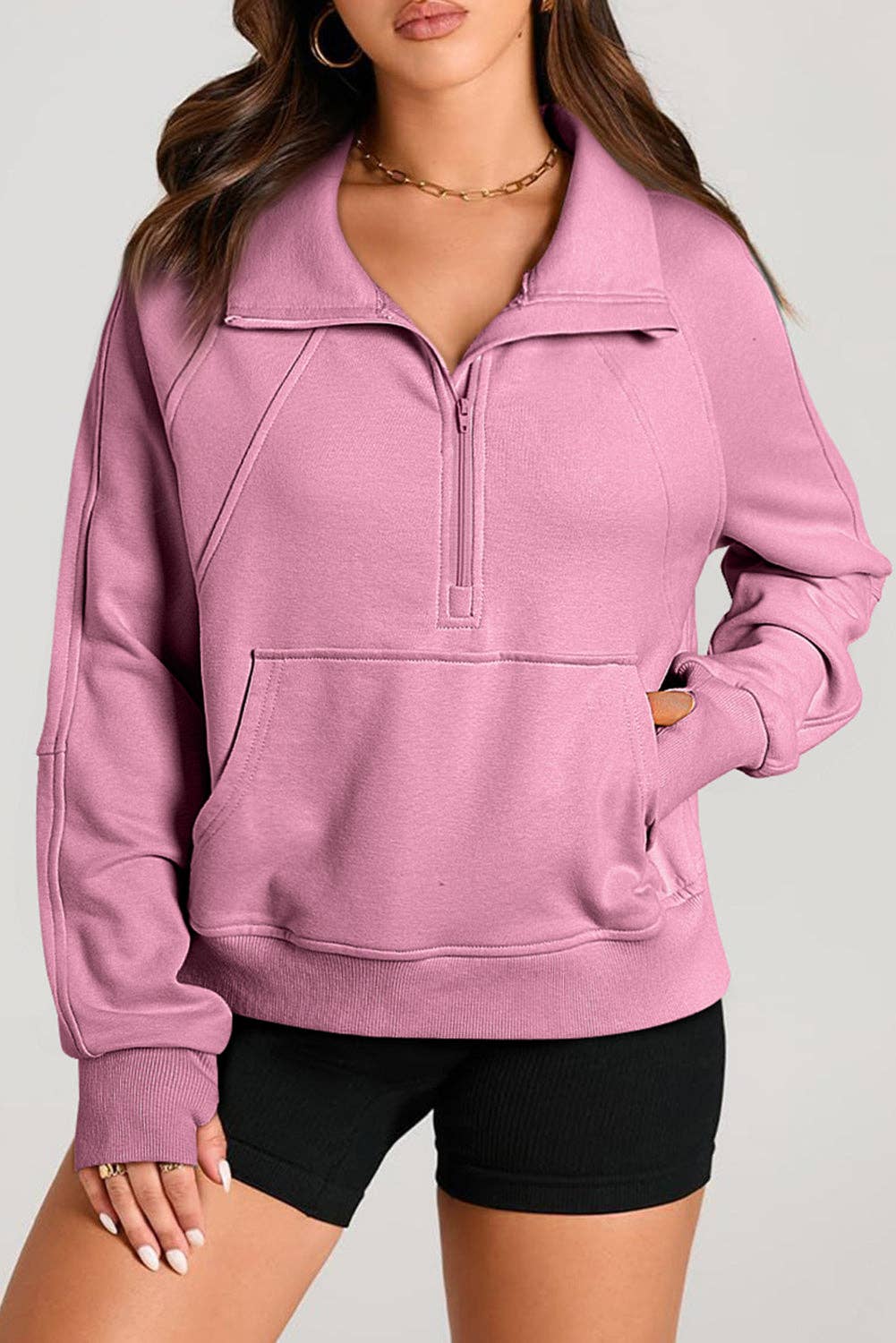 Lovesoft - Wholesale Sweatshirt - Women's - Solid Color Quarter Zip Stand Neck Kangaroo Pocket Sweatshirt5