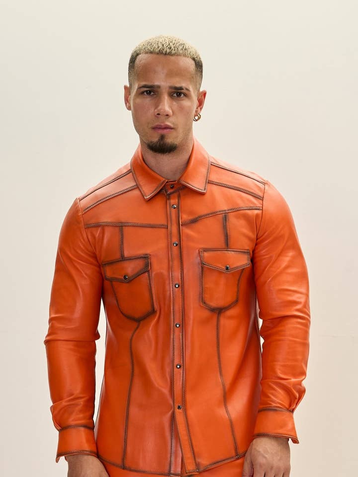 Men's Genuine Lambskin Leather Shirt - Orange Tint for wholesale on Faire