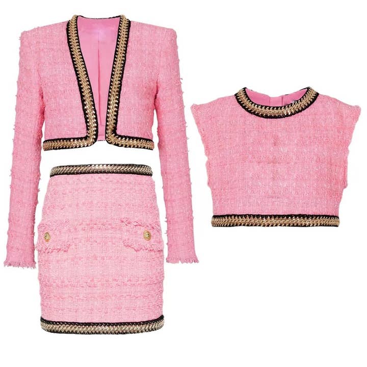 Costume 3 pièces chic en tweed à bordure en chaîne SET8-3Y - Mode féminine pour la vente par Productseeker