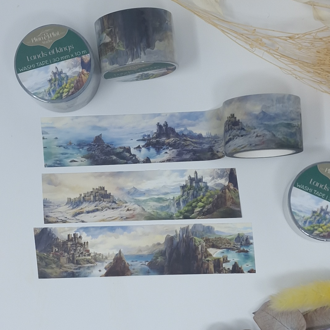 Plan & Plot Studio - Vente Rubans adhésifs Washi - Washi tape « Lands of Kings » avec paysages et châteaux médiévaux2