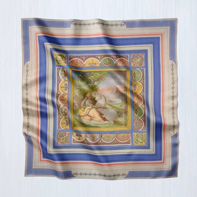 Jomfru og enhjørning, luksuriøst firkantet tørklæde/indpakning/bohosjal, lavet på bestilling, håndlavet og grusomhedsfri for engroshandel hos Ebon et Noir LLC