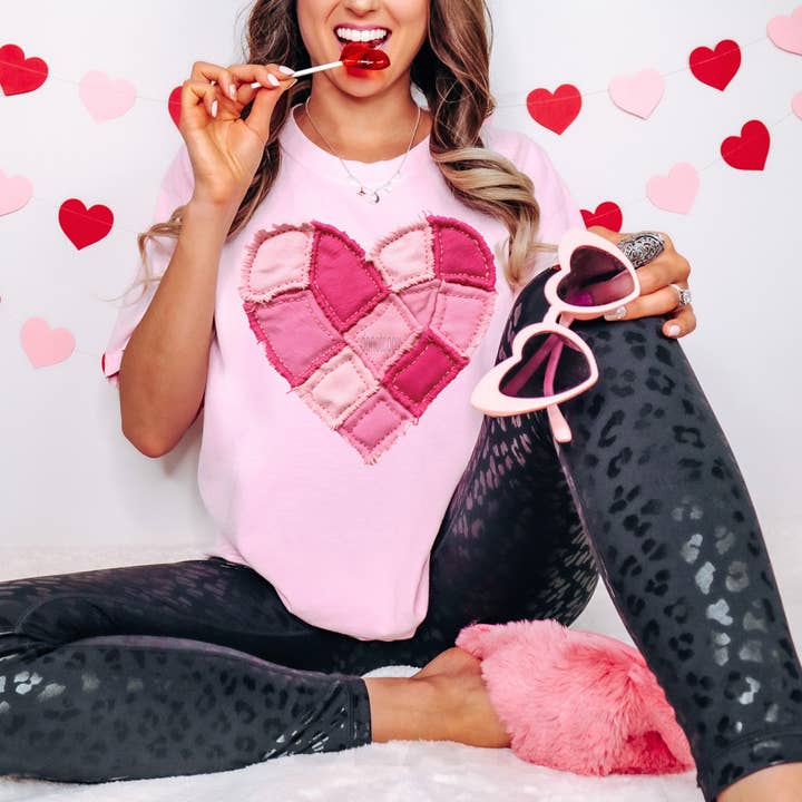 Faux Fabric Patchwork Heart Tee for wholesale by Trendy Tee Co.