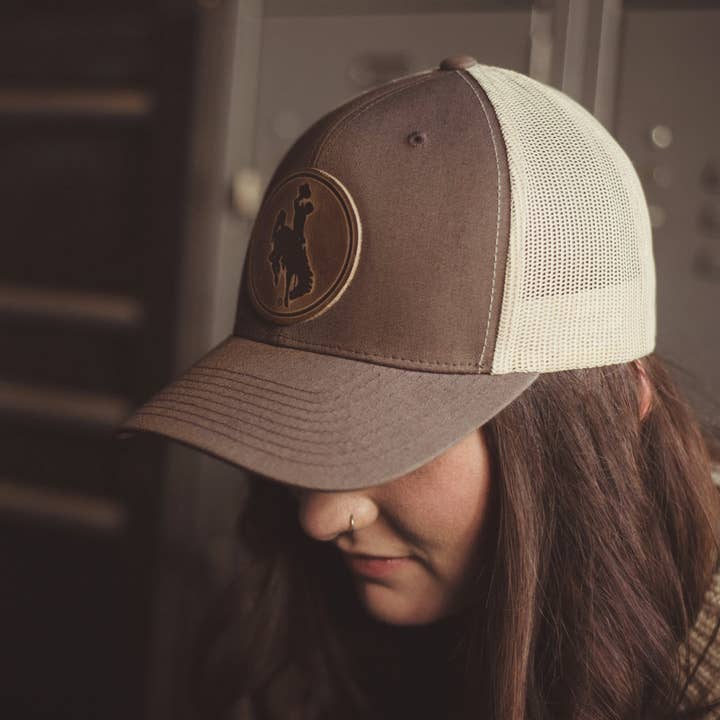 Range Leather Co. - Wholesale Trucker Hat - Unisex - Steamboat Hat - University of Wyoming Leather Patch Hat