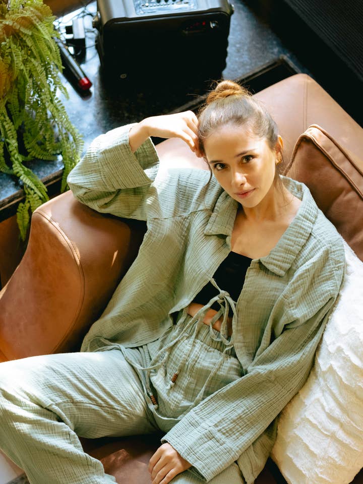 Moa - Wholesale Lounge Set - Women's - Sage Green Crinkle Cotton Lounge Wear Set