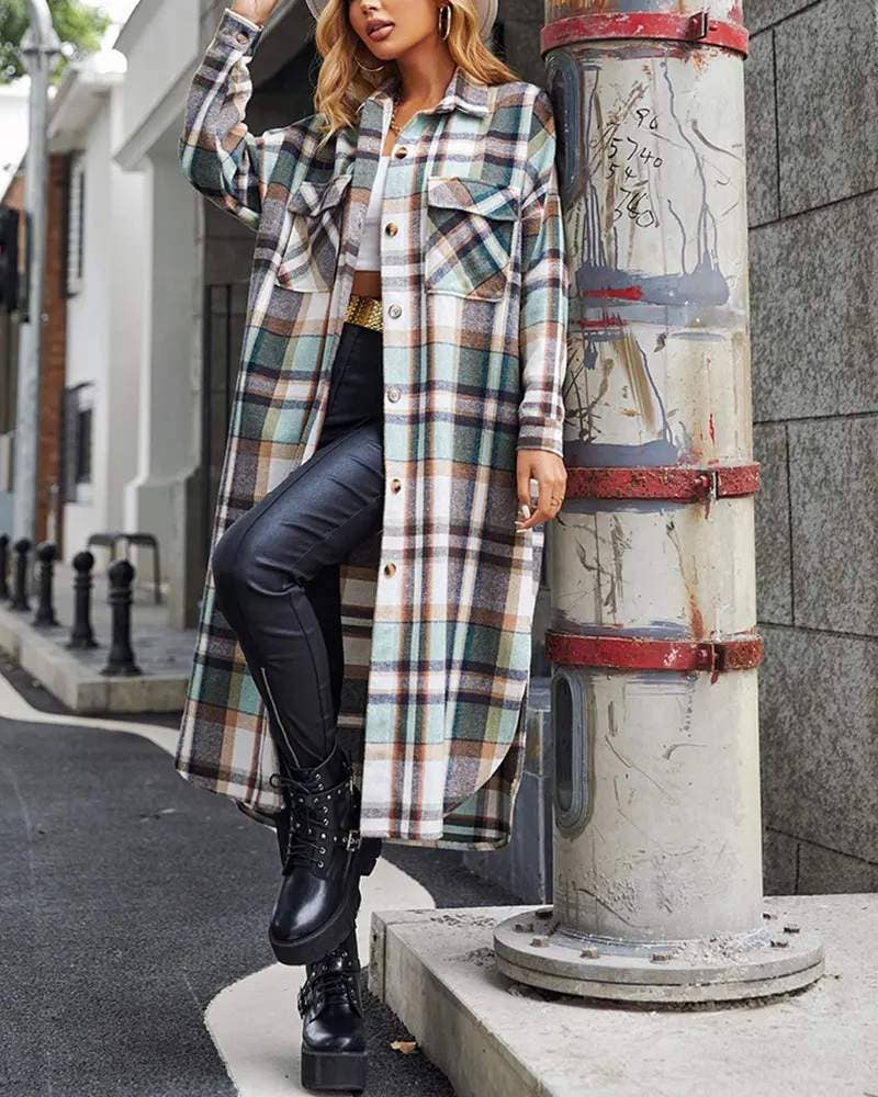 VERDE chaqueta larga estampada con botones y hombros descubiertos de venta al por mayor en Faire2