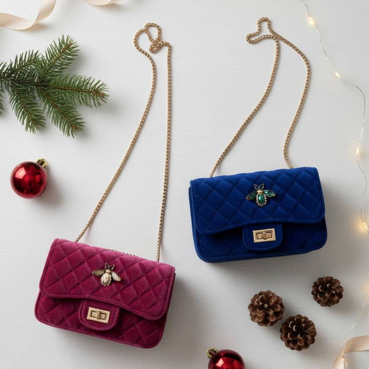 Velvet Crown Tasche - Samt, Goldkette & Kristallbrosche - handgefertigt in Italien für den Großhandel von OE!