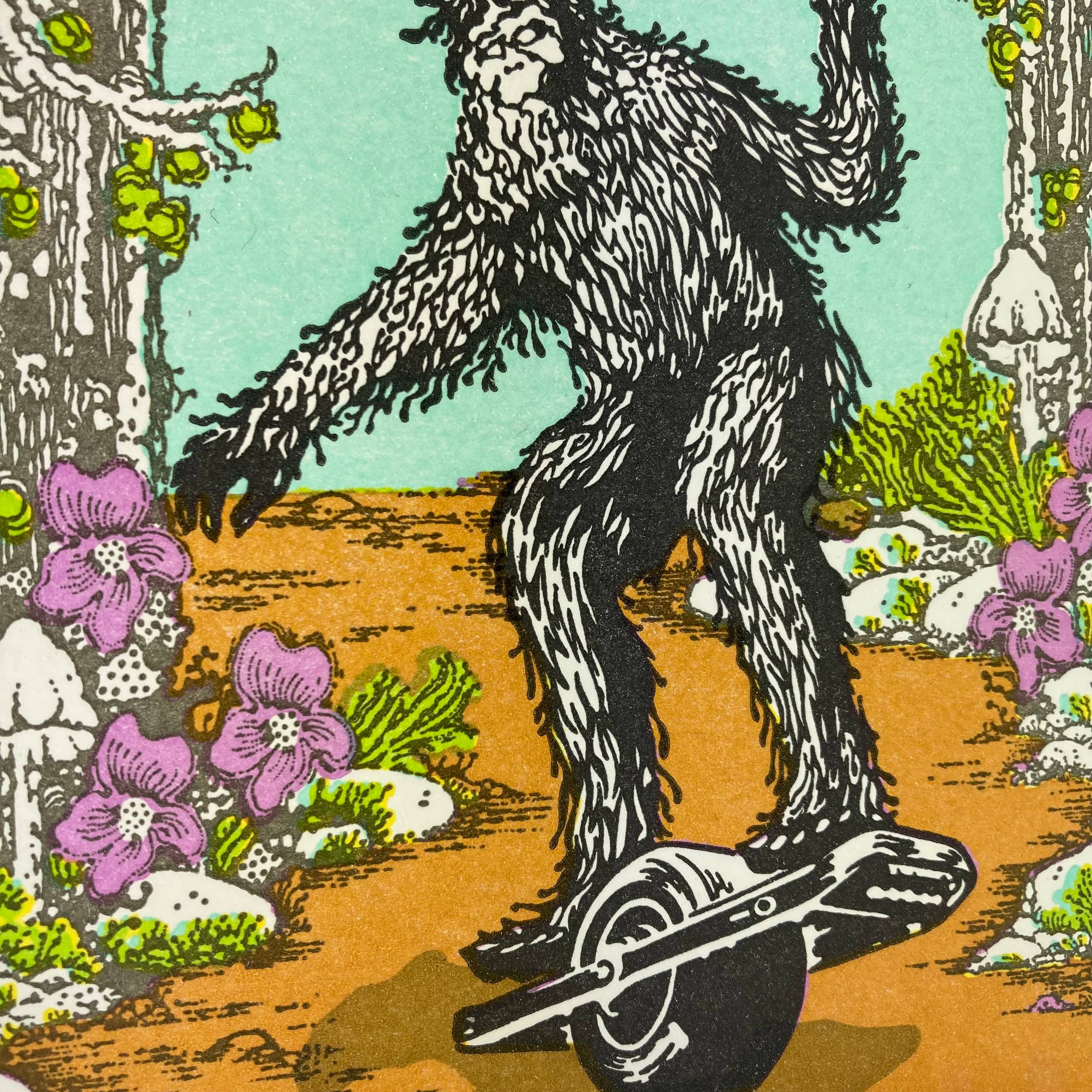 Old School Stationers - Wholesale Birthday Card - Happy Birthday Sasquatch riding a one wheel3