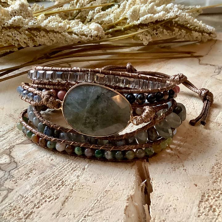 Bracelet, beaded grey labradorite wrap leather bracelet for wholesale by Beautiful Boundaries
