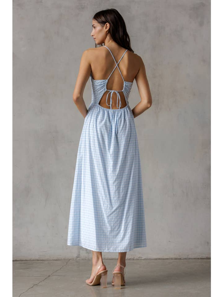 DSJD7605 - BLUE GINGHAM MIDI DRESS for wholesale on Faire