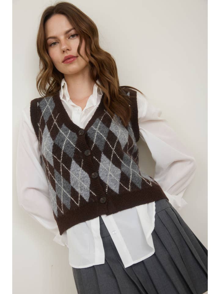 The Workshop Studio - Vente Veste sans manches – femme - GILET EN MAILLE À BOUTONS AVEC MOTIF ARGYLE4