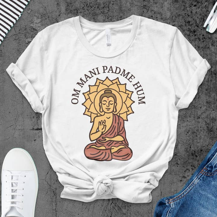 Om Mani Padme Hum Mantra T-Shirt - Buddhist Meditation Tee with Lotus Flower Design for wholesale by FreakyTeeFactory