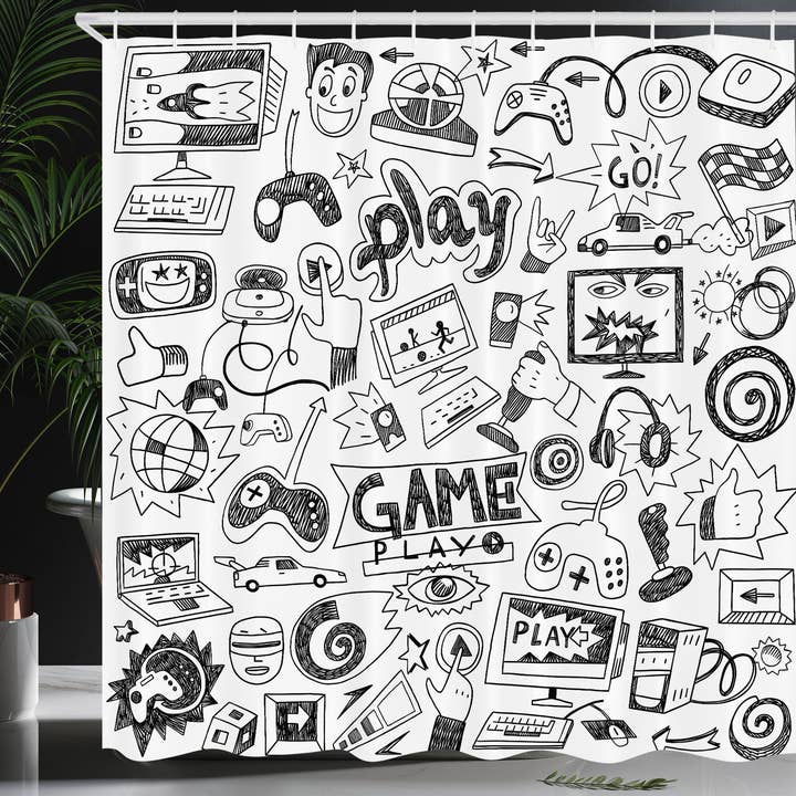 Set di Tenda da Doccia per Videogiochi con Ganci Stile Schizzo Anni '90 per la vendita all'ingrosso da parte di Ambesonne