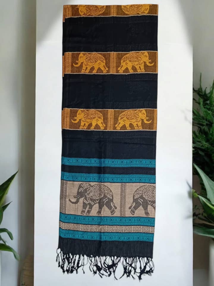 Bohotusk Blue Black Yellow Elephant Stripe Print Silk Cotton Pashmina 200 x 75cm for wholesale by Bohotusk
