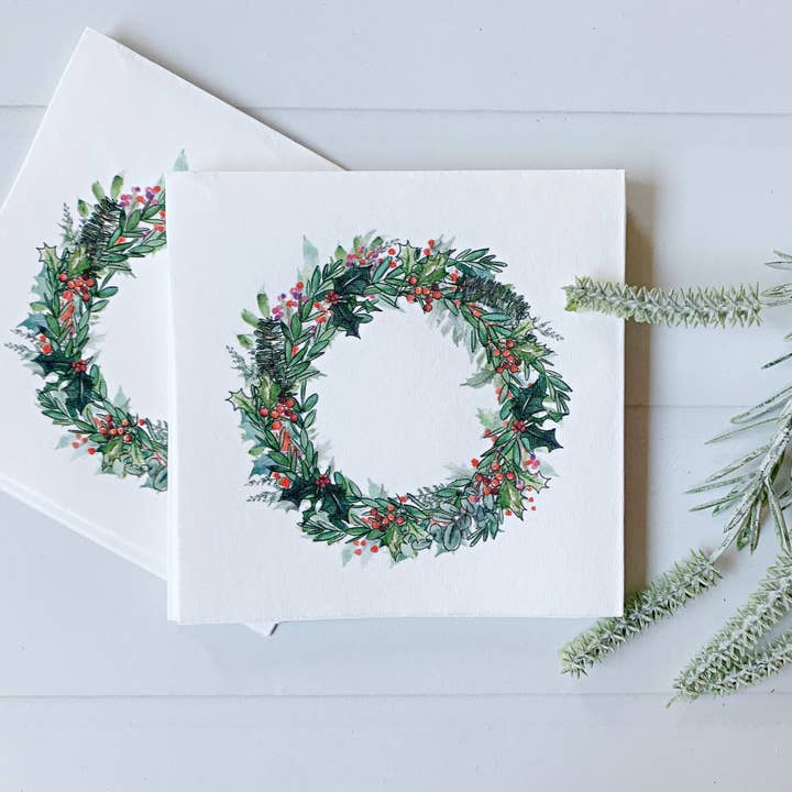 EnFete, LLC - Wholesale Disposable Napkin - Holly Wreath Christmas Cocktail Napkins | Set of 16