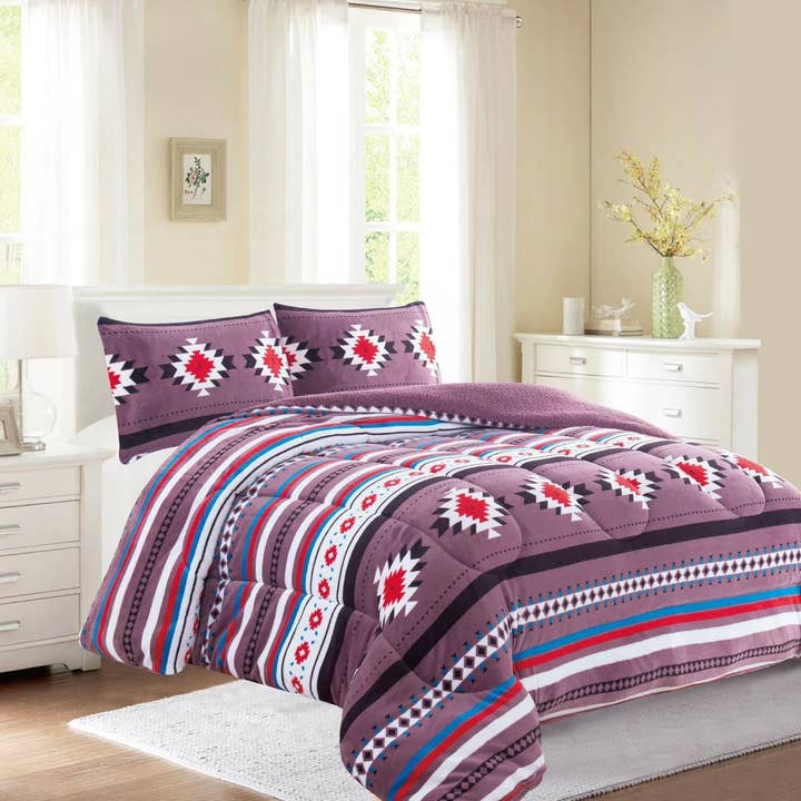 Linen Mart - Wholesale Bedding Set - Southwest Aztec Sherpa Plush Fleece Blanket - 3 Piece Set