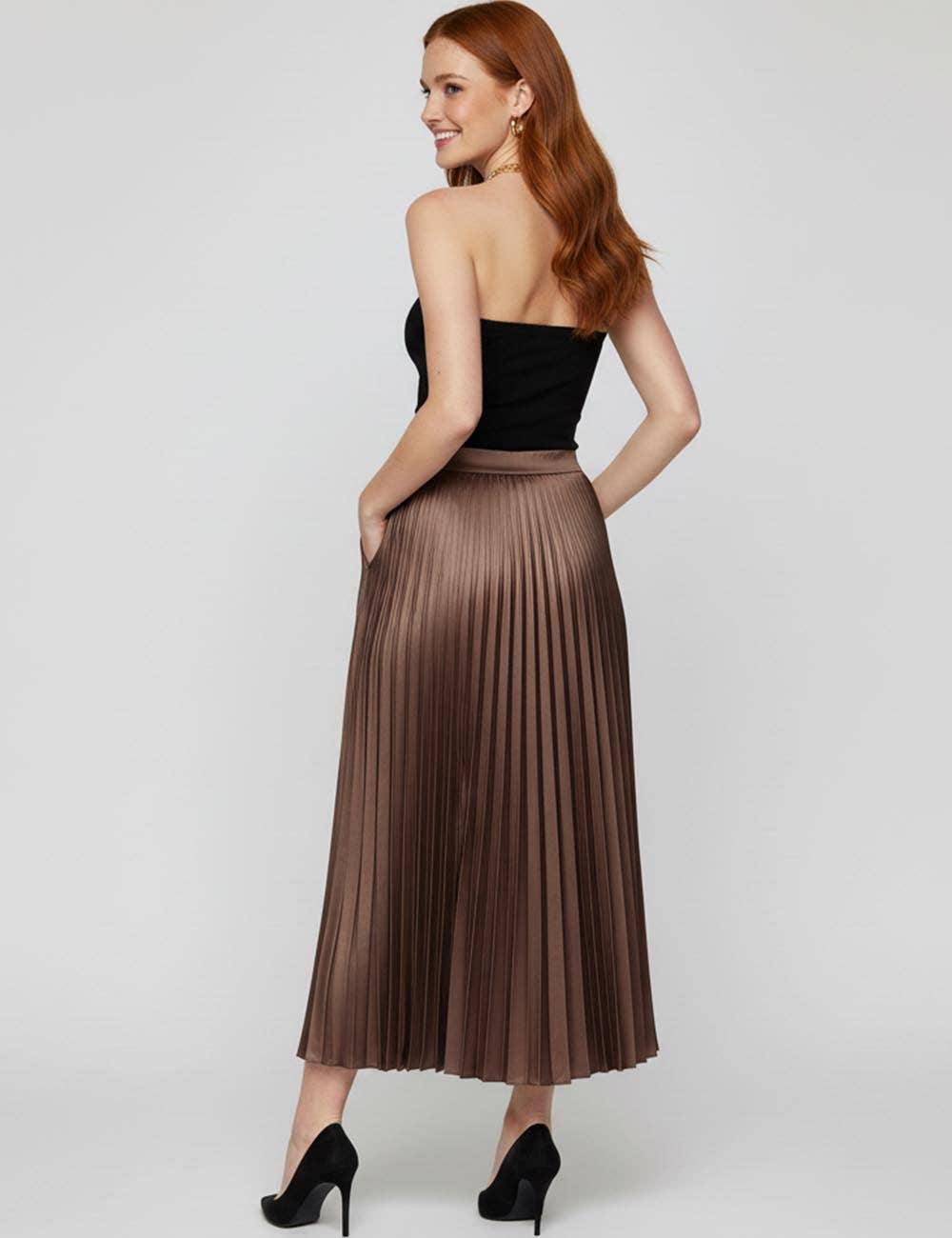 Sweetkama - Wholesale Skirt - Women's - Ladies Stain Solid Color Pleated Midi Skirt2