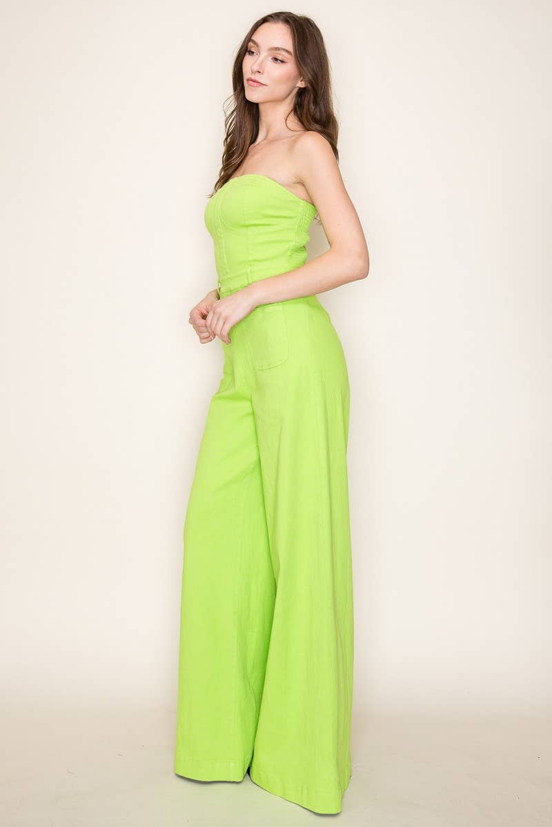 WISTERIA LANE – Engroshandel Jumpsuit - Dame – Off-shoulder jumpsuit med vidde ben i lime denim3