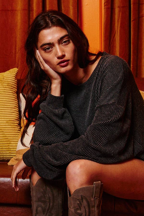 BUCKETLIST INC - Wholesale Sweatshirt - Women's - T1951  Stripe Textured Knit Comfy Sweatshirt14