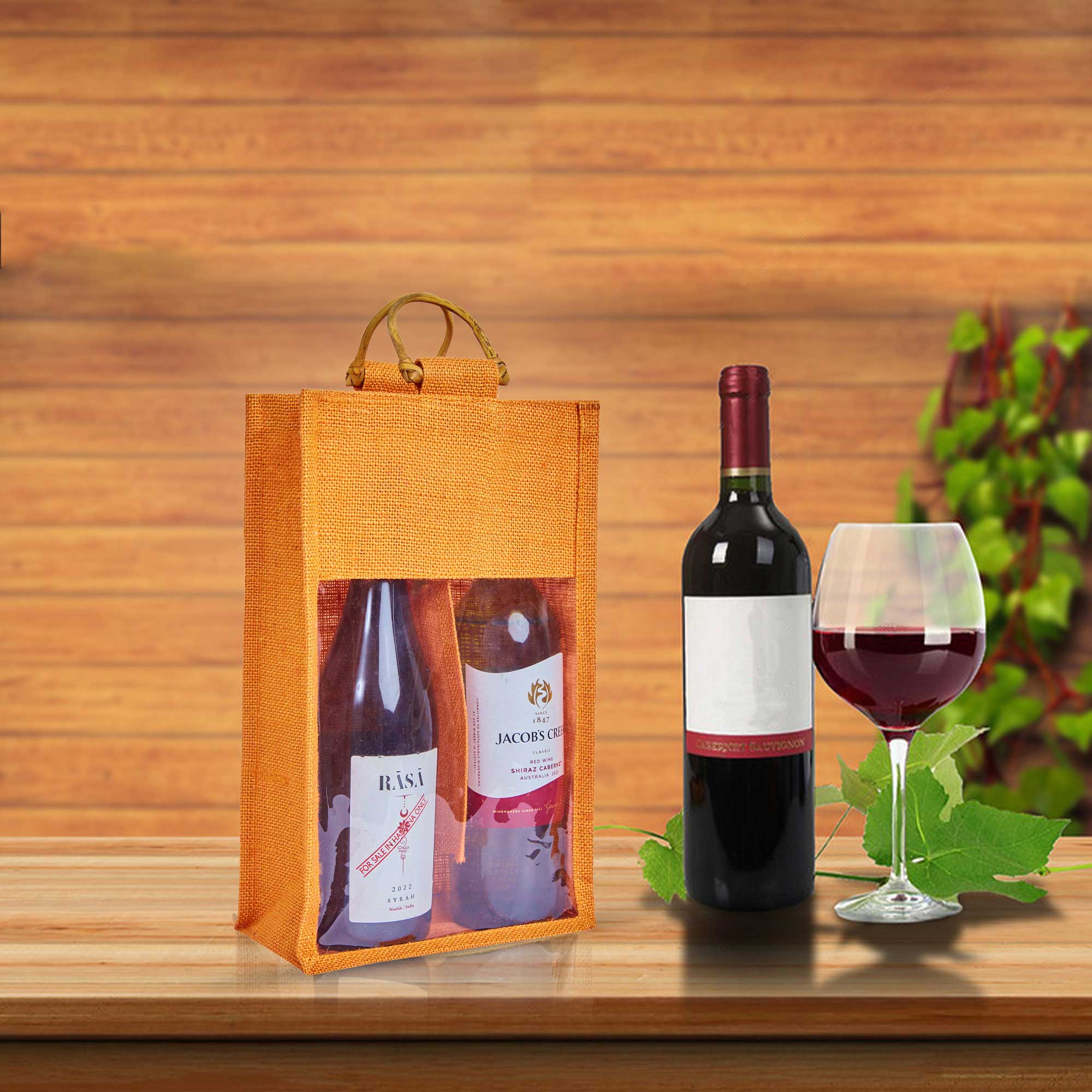 ecojutebags – wholesale Wine gift bag – 6-Pack Burlap Wine Bags with Cane Handle & Clear PVC Window31