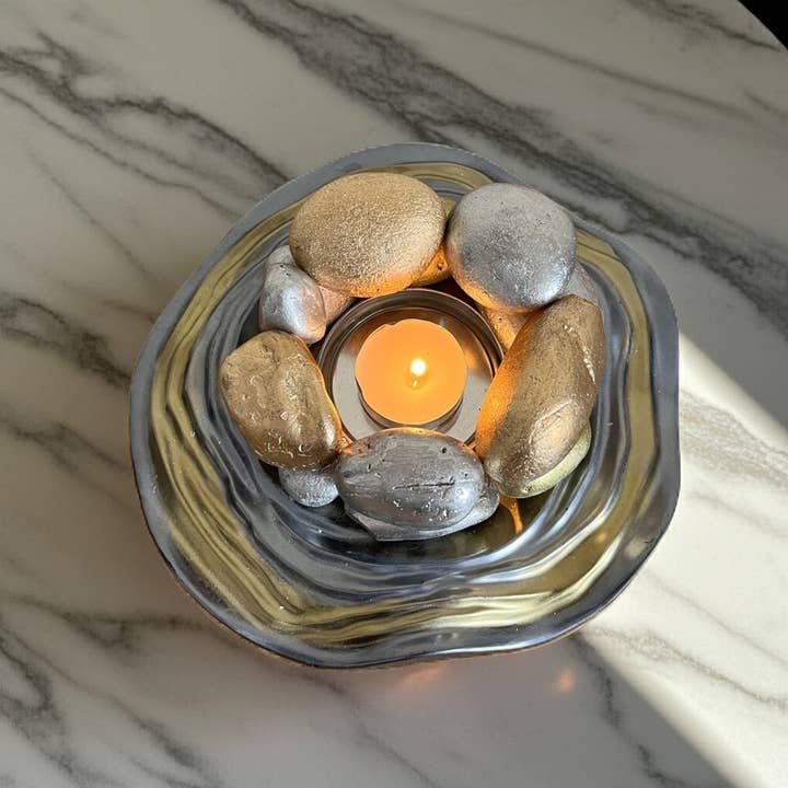 Face It Home Decor - Wholesale Candle holder - Gold Silver Resin Candle Holder Wavy Stone Plate