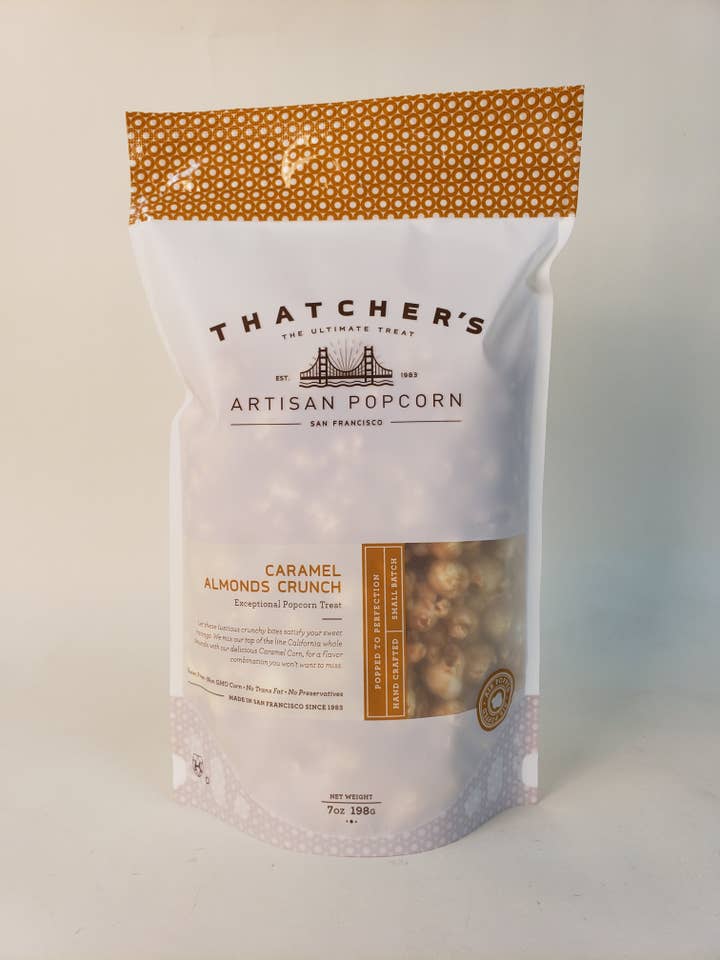 ALMOND CRUNCH POUCH 7OZ POPCORN for wholesale by Thatcher's Gourmet Popcorn