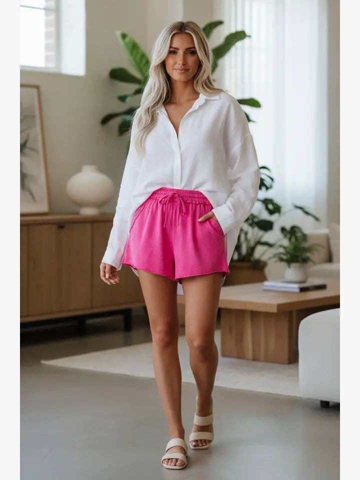 Mineral Wash Drawstring Elastic Waist Raw Edge Shorts for wholesale by PRETTY BASH