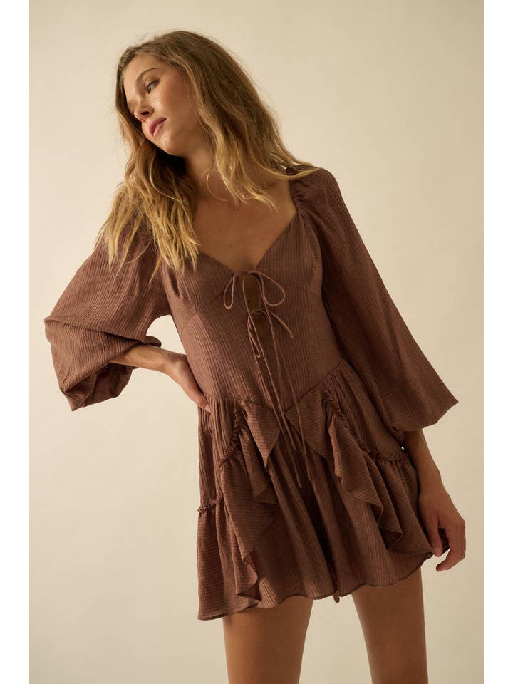 Promesa USA - Wholesale Romper - Women's - Tonal-Stripe Ruffled Tie-Front Peasant Romper8